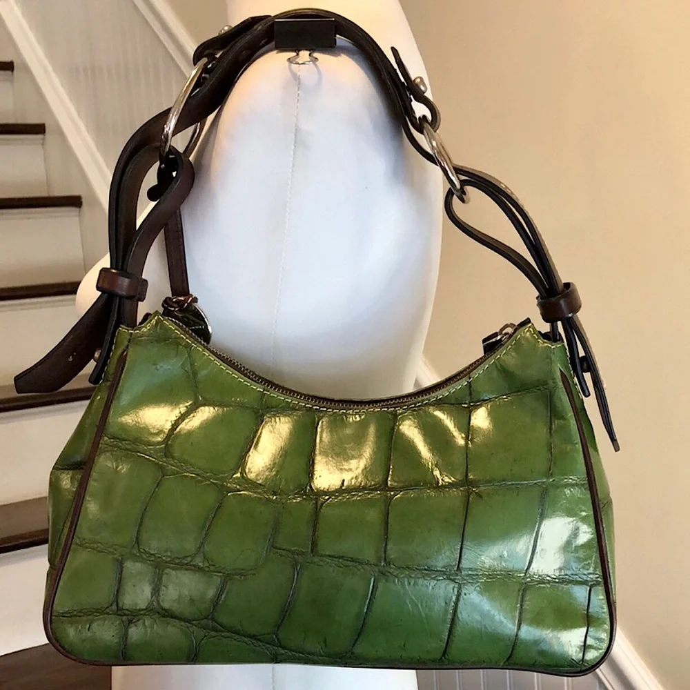 DOONEY BOURKE Green Croc Embossed Leather Hobo Shoulder Bag Top Zip Closure